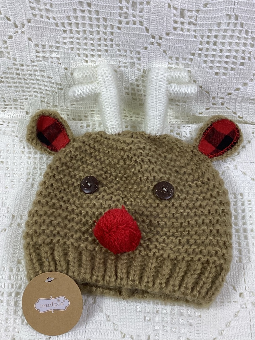 mud pie Kids' Red-Nose Reindeer Knit Hat - Tan 6-18 months